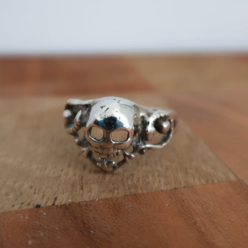 925 Sterling Silver Scary Skull Ring Sz 10.5 Goth Biker Statement - Bend in Band - Picture 3 of 8